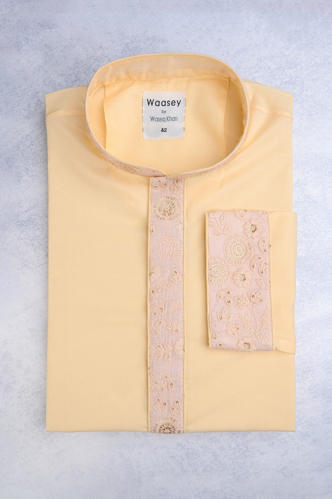 Soft Yellow Panjabi with Delicate Gold Embroidery